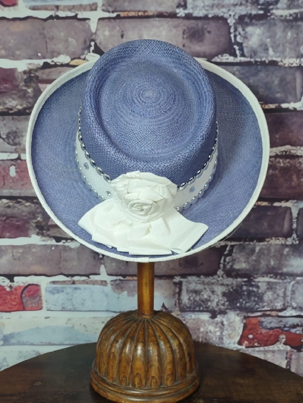 Blue Straw Boater Hat with White Studded Band - Picture 3 of 7